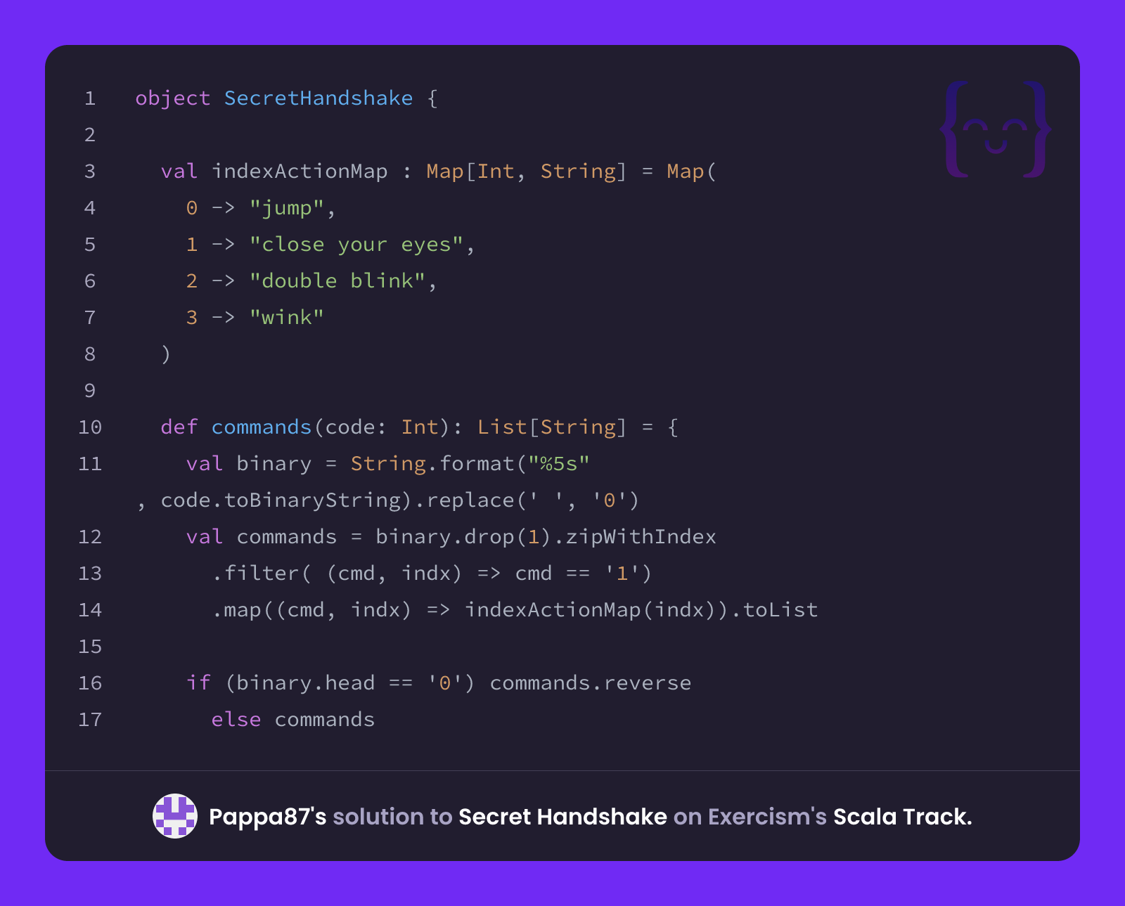 Pappa87's solution for Secret Handshake in Scala on Exercism