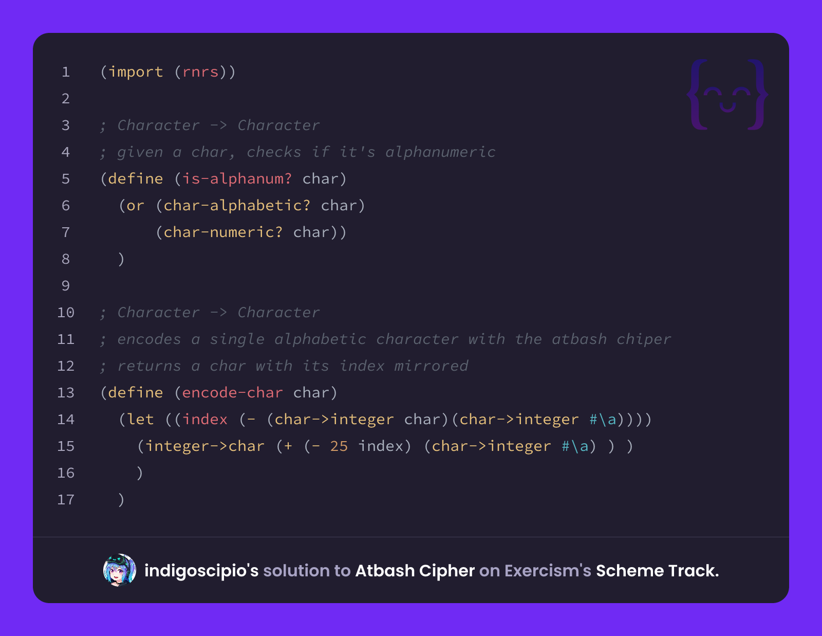 indigoscipio's solution for Atbash Cipher in Scheme on Exercism