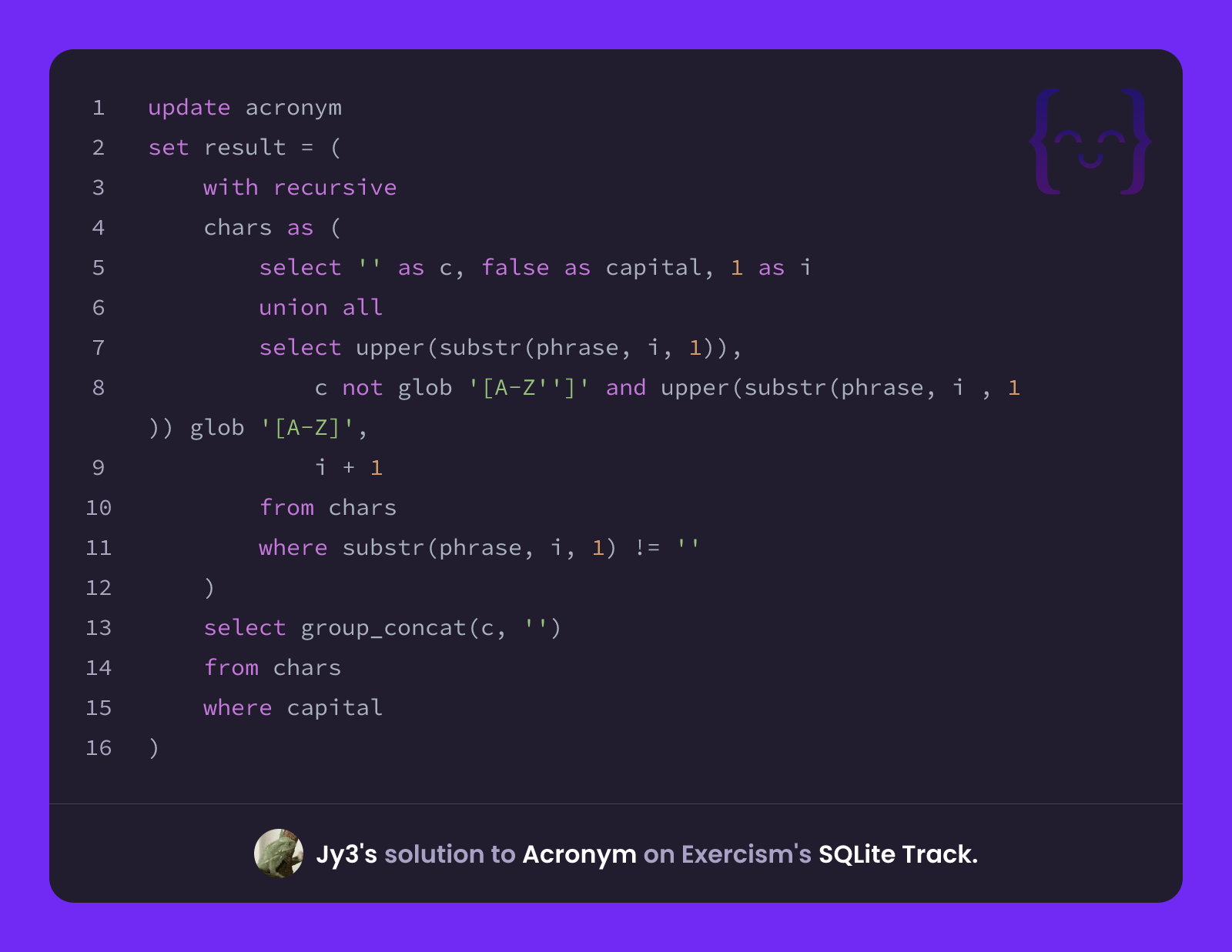 Jy3's solution for Acronym in SQLite on Exercism