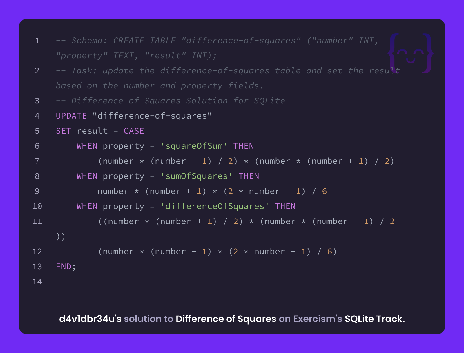 d4v1dbr34u's solution for Difference of Squares in SQLite on Exercism