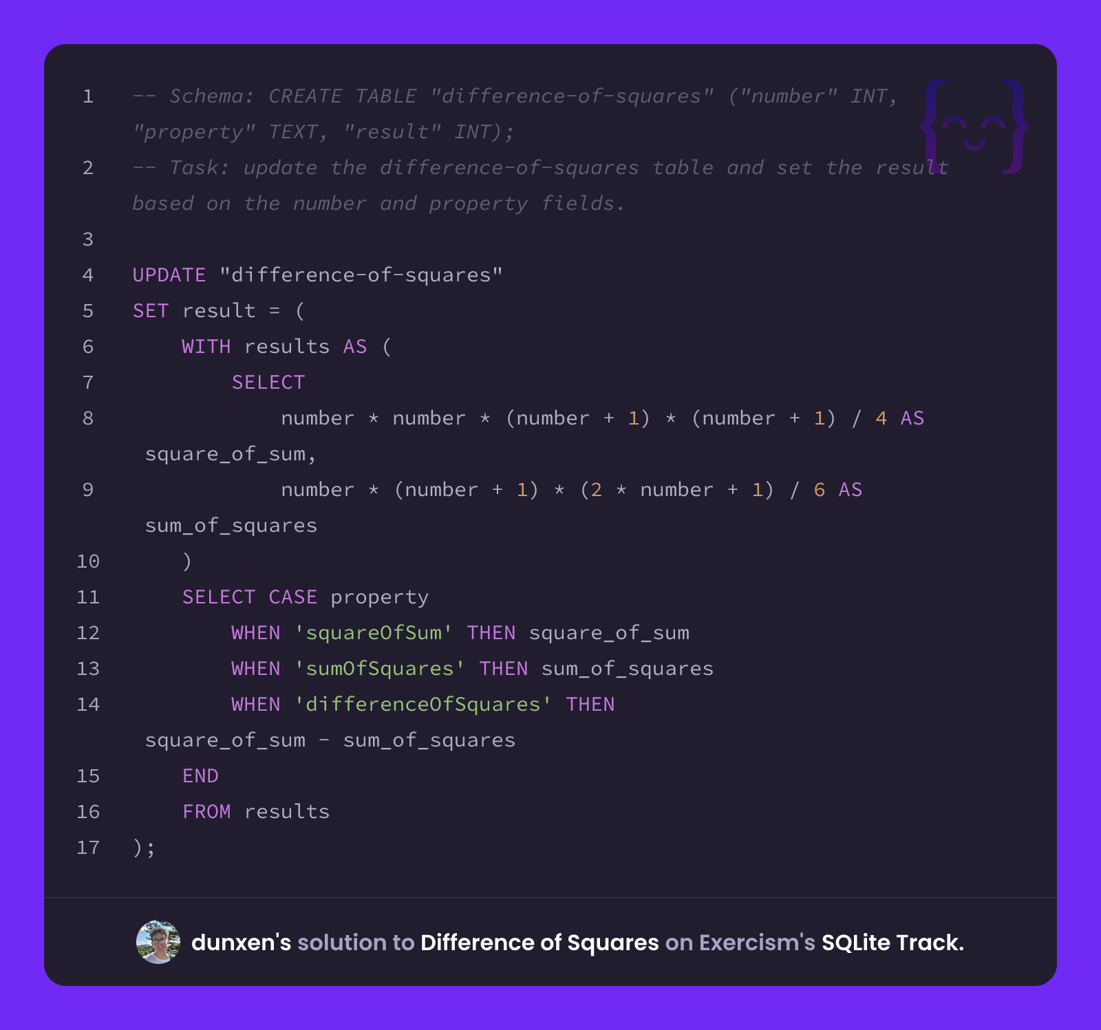 dunxen's solution for Difference of Squares in SQLite on Exercism