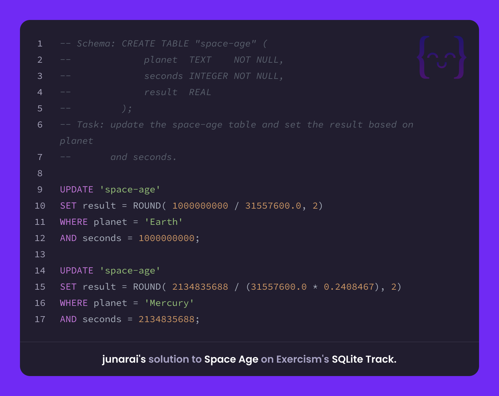 junarai's solution for Space Age in SQLite on Exercism