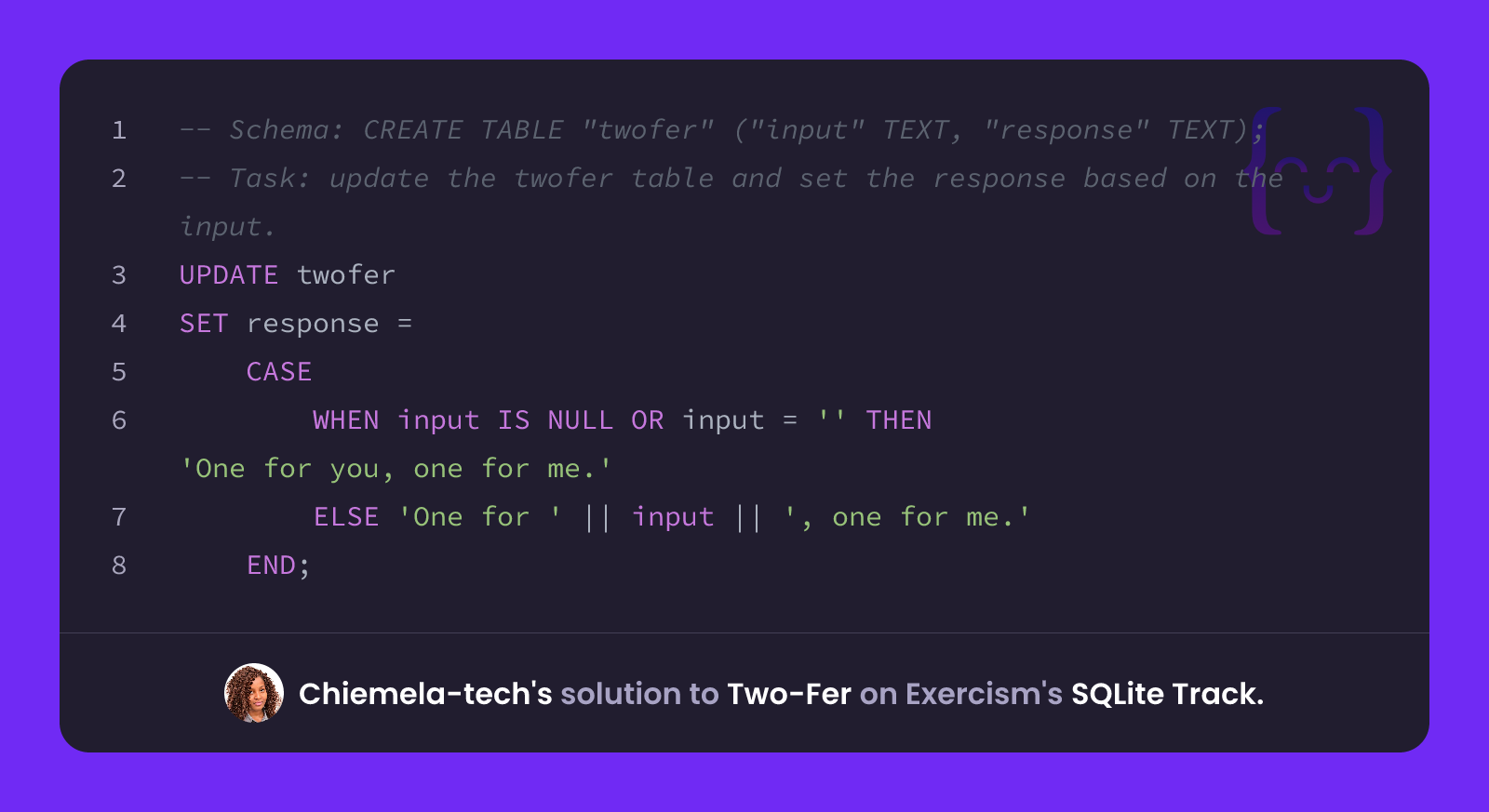 Chiemela-tech's solution for Two-Fer in SQLite on Exercism