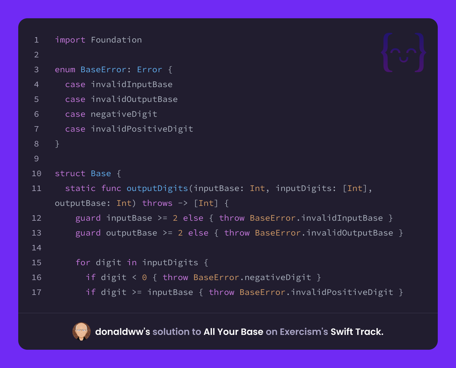 donaldww's solution for All Your Base in Swift on Exercism
