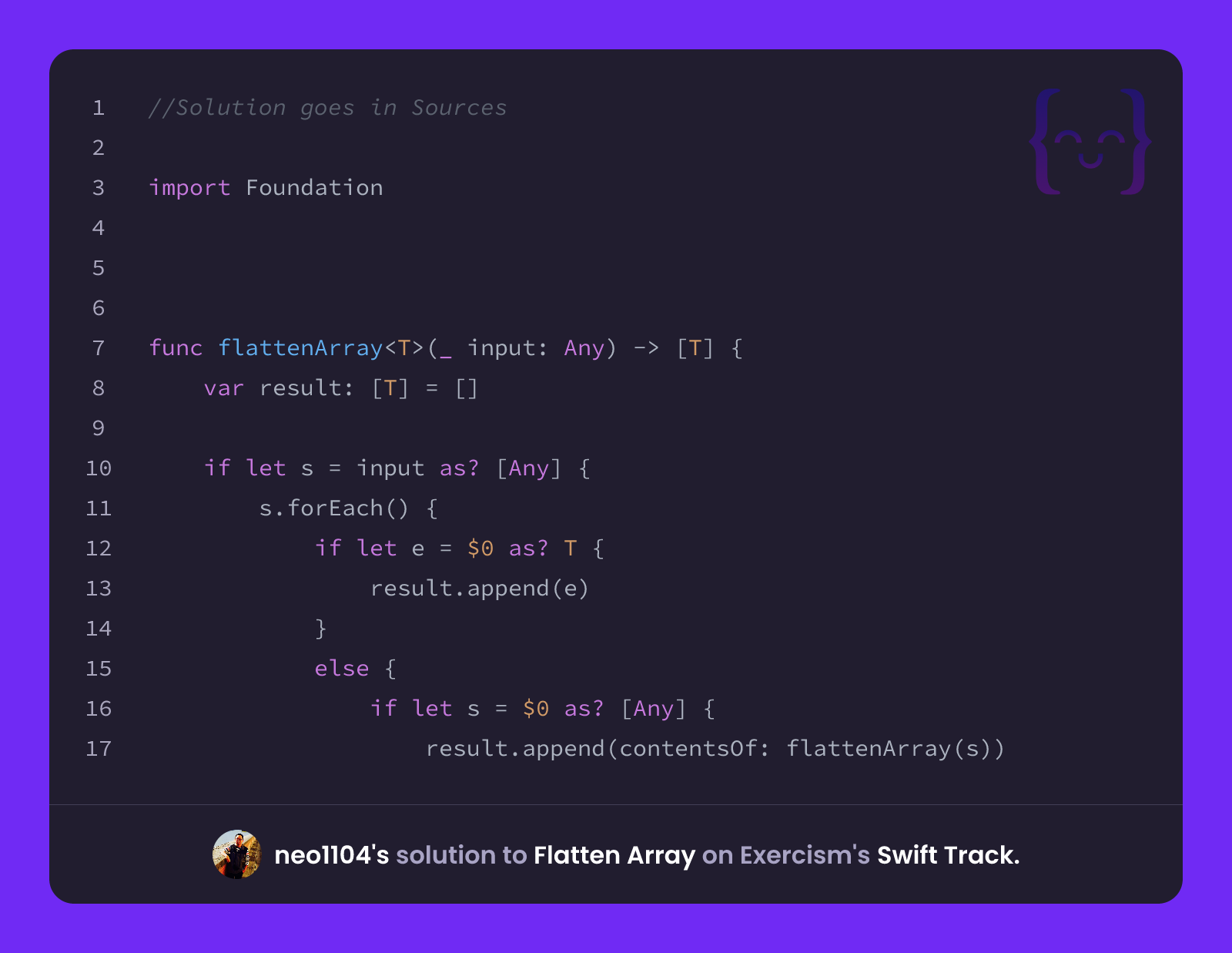 neo1104's solution for Flatten Array in Swift on Exercism