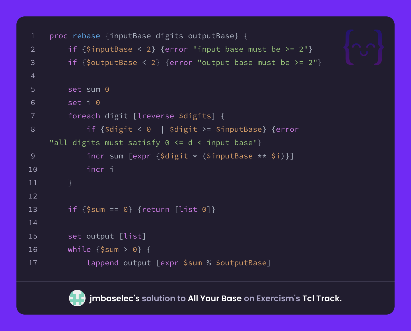 Embos Code Tcl jmbaselec's solution for All Your Base in Tcl on Exercism
