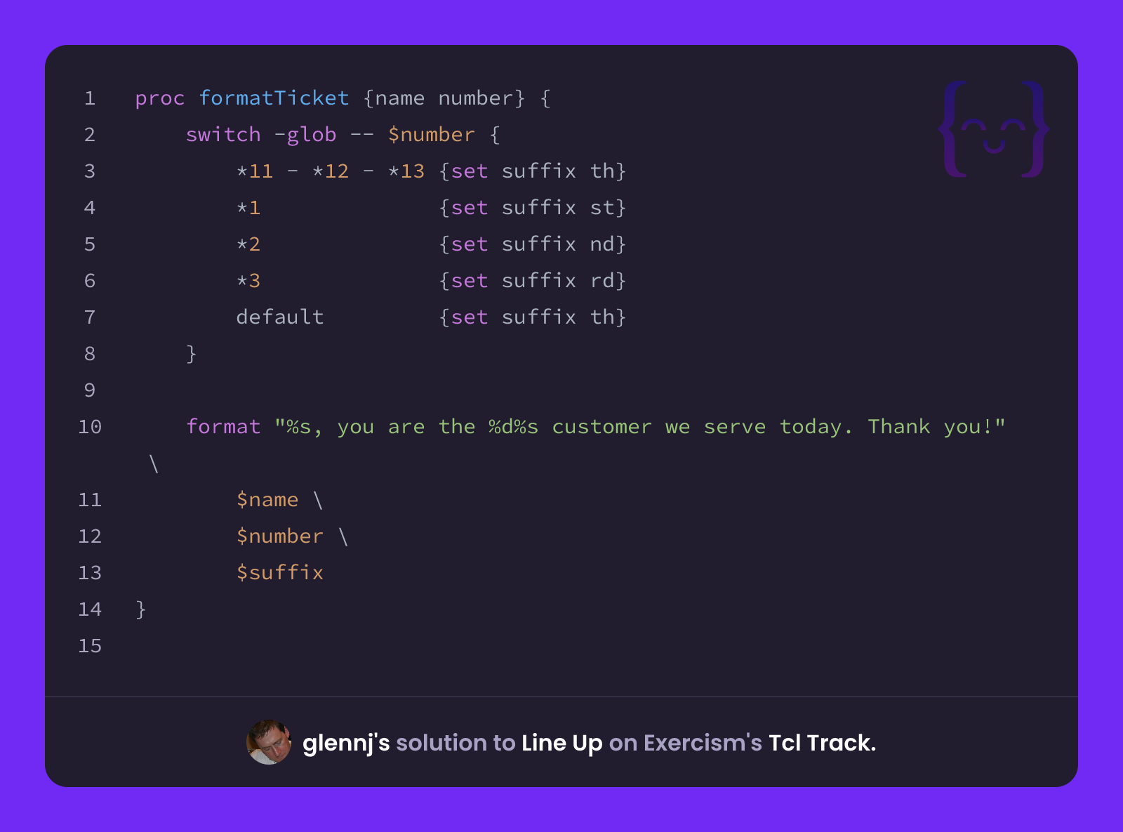 glennj's solution for Line Up in Tcl on Exercism
