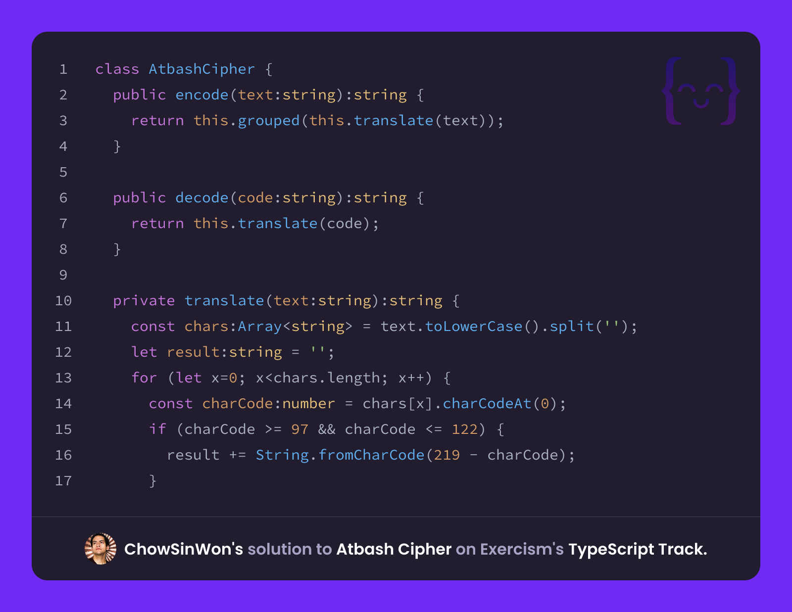 ChowSinWon's solution for Atbash Cipher in TypeScript on Exercism