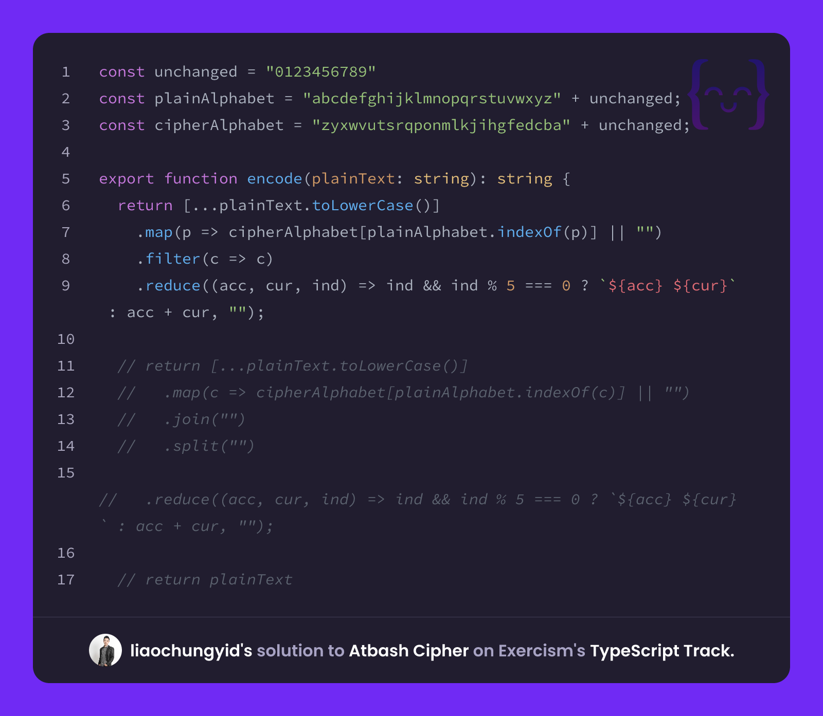 liaochungyid's solution for Atbash Cipher in TypeScript on Exercism