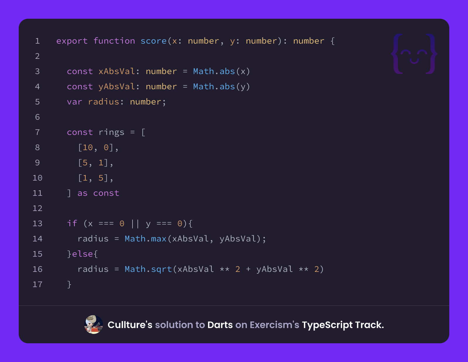 Cullture's solution for Darts in TypeScript on Exercism
