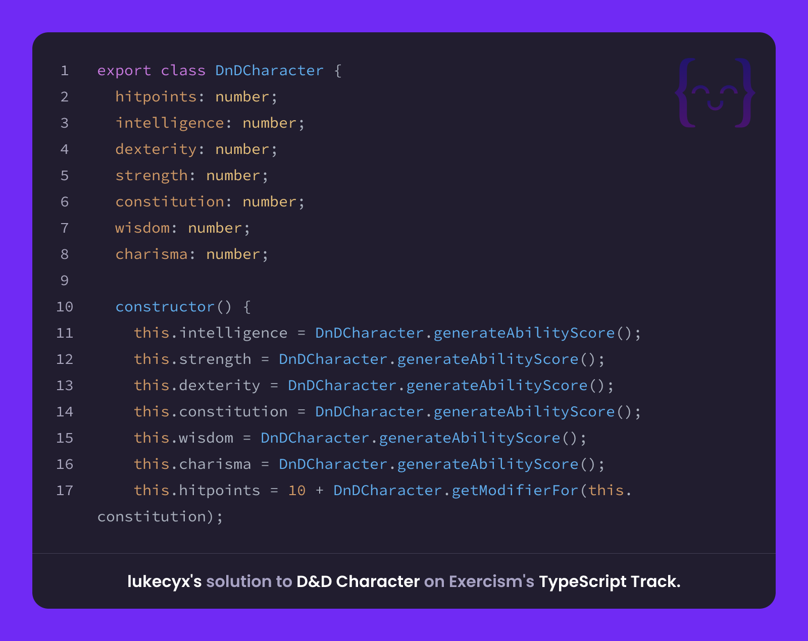 lukecyx's solution for D&D Character in TypeScript on Exercism