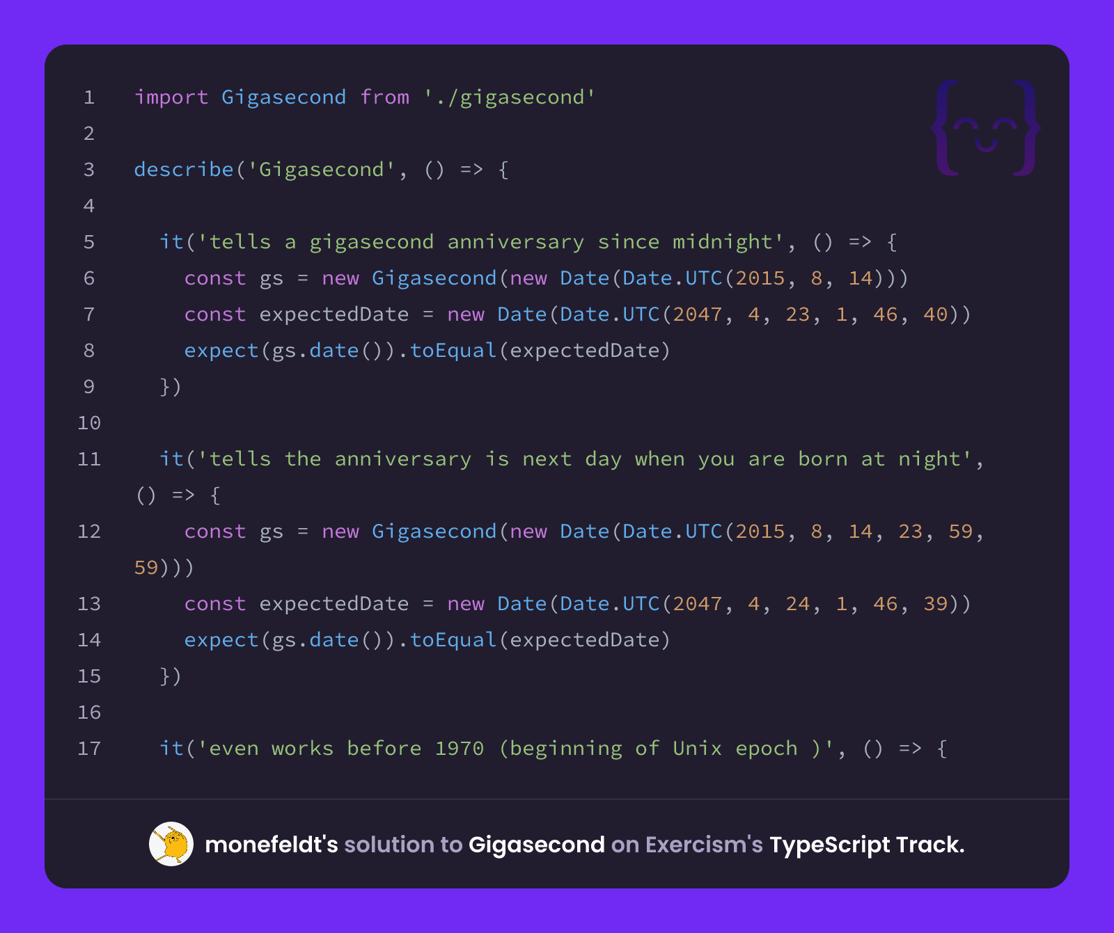 monefeldt's solution for Gigasecond in TypeScript on Exercism