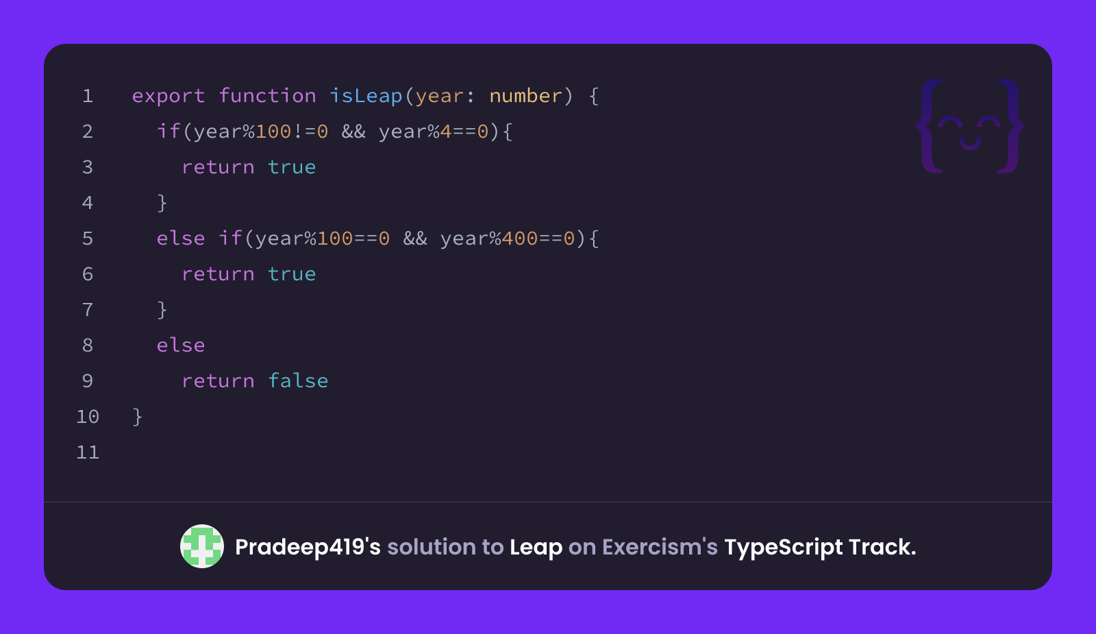 Pradeep419's solution for Leap in TypeScript on Exercism