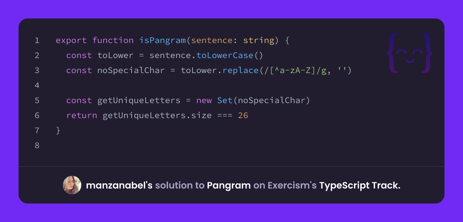 manzanabel's solution for Pangram in TypeScript on Exercism