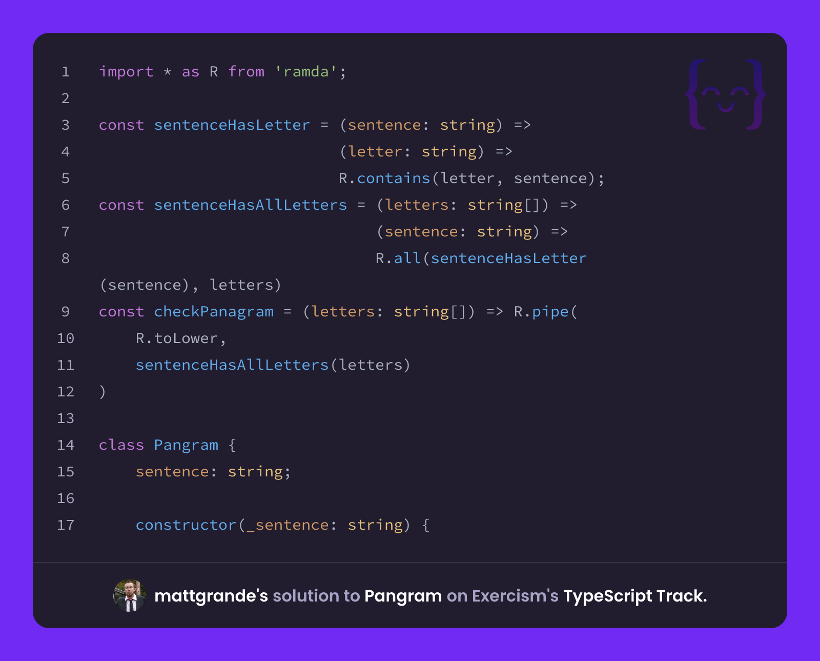 mattgrande's solution for Pangram in TypeScript on Exercism