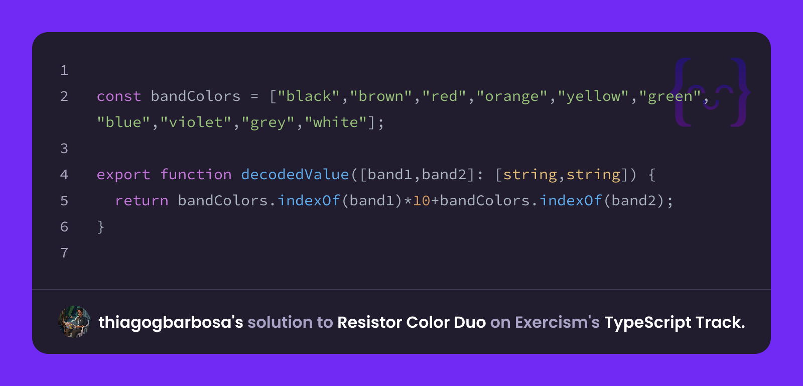 thiagogbarbosa's solution for Resistor Color Duo in TypeScript on Exercism