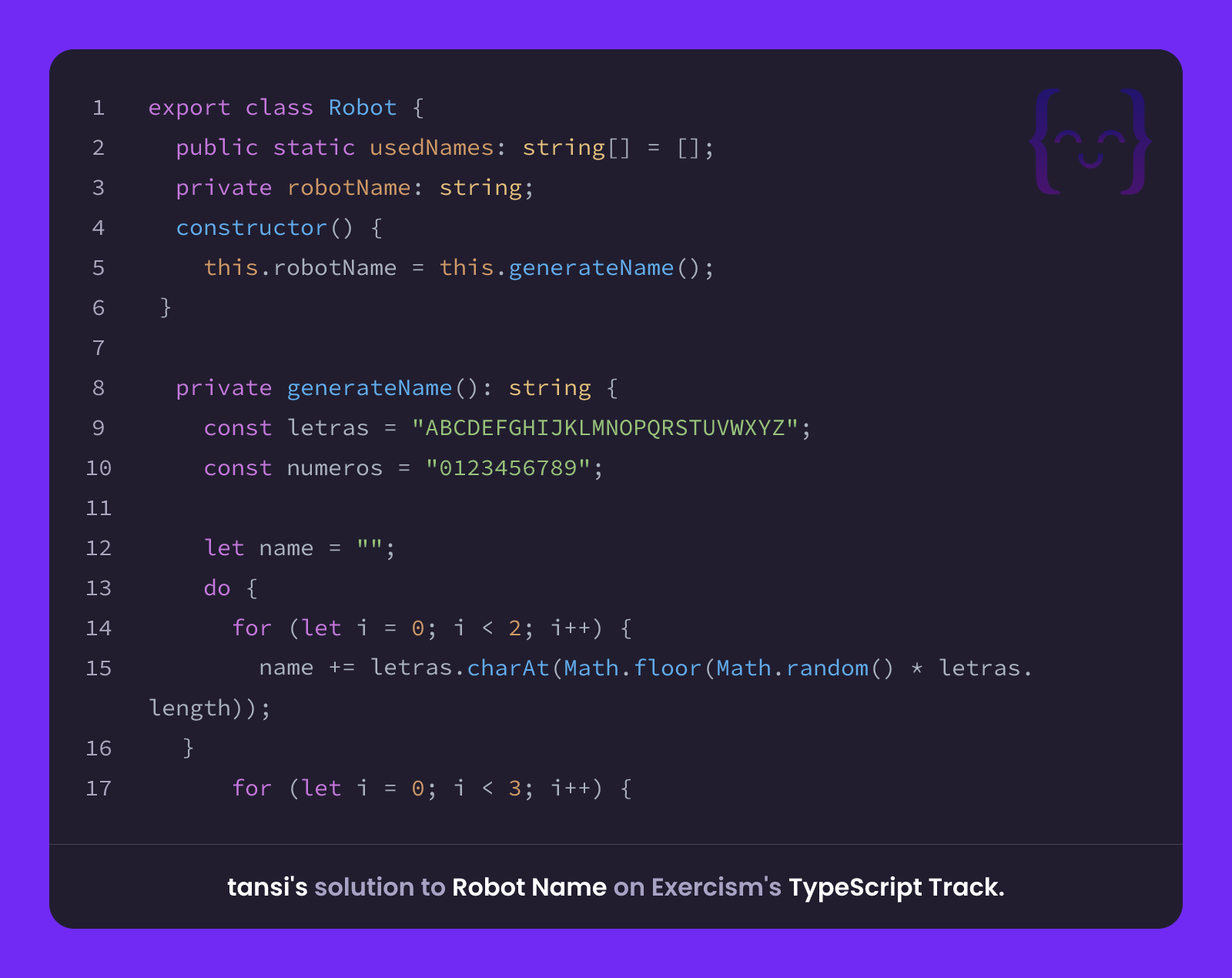 tansi's solution for Robot Name in TypeScript on Exercism