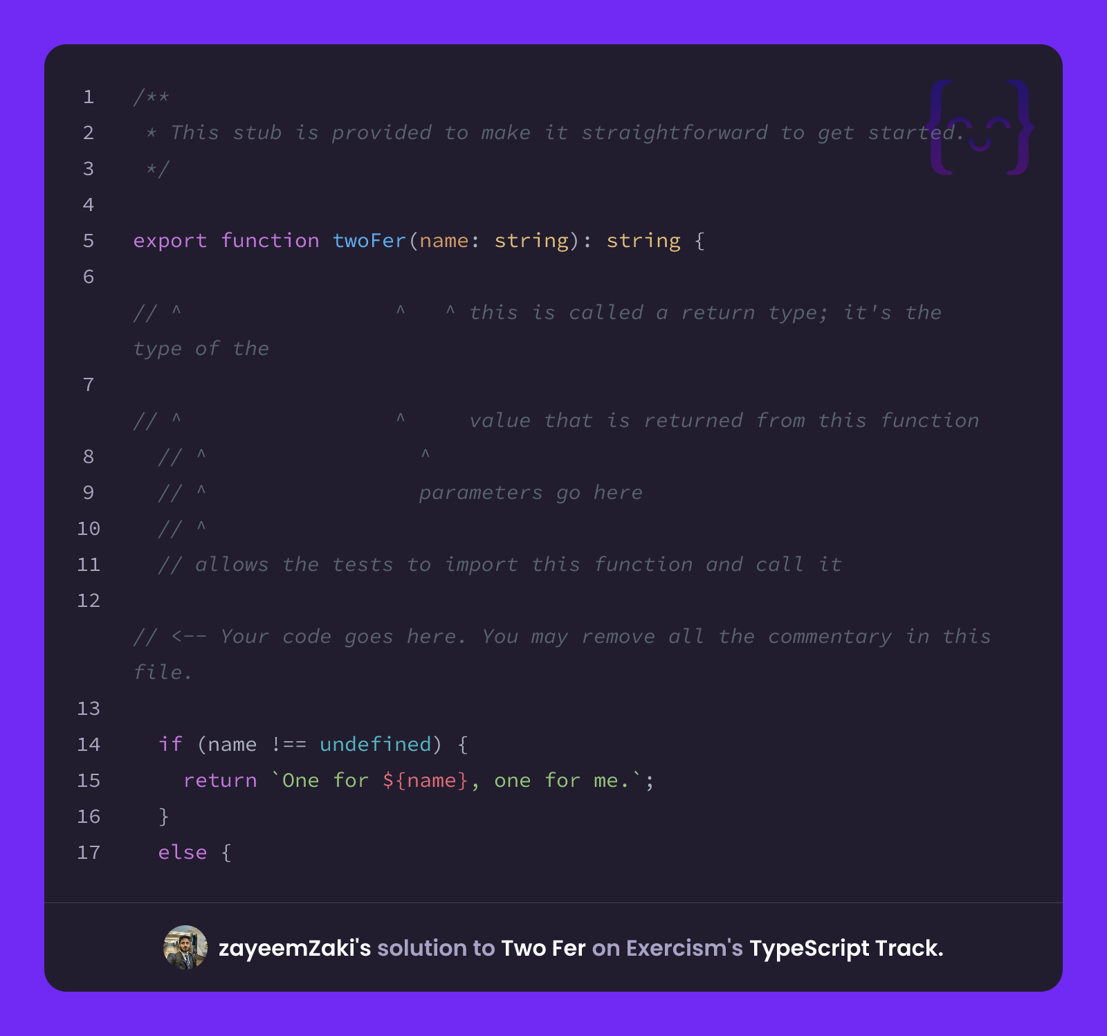 zayeemZaki's solution for Two Fer in TypeScript on Exercism