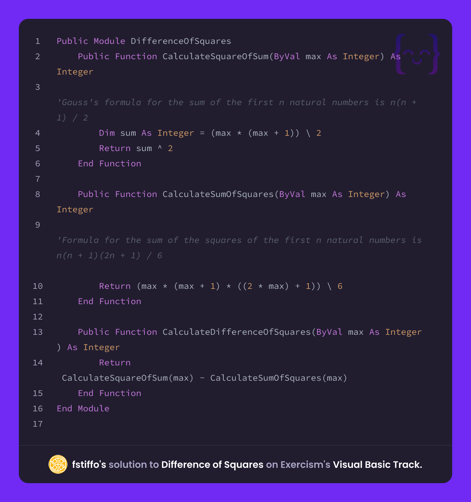 fstiffo's solution for Difference of Squares in Visual Basic on Exercism
