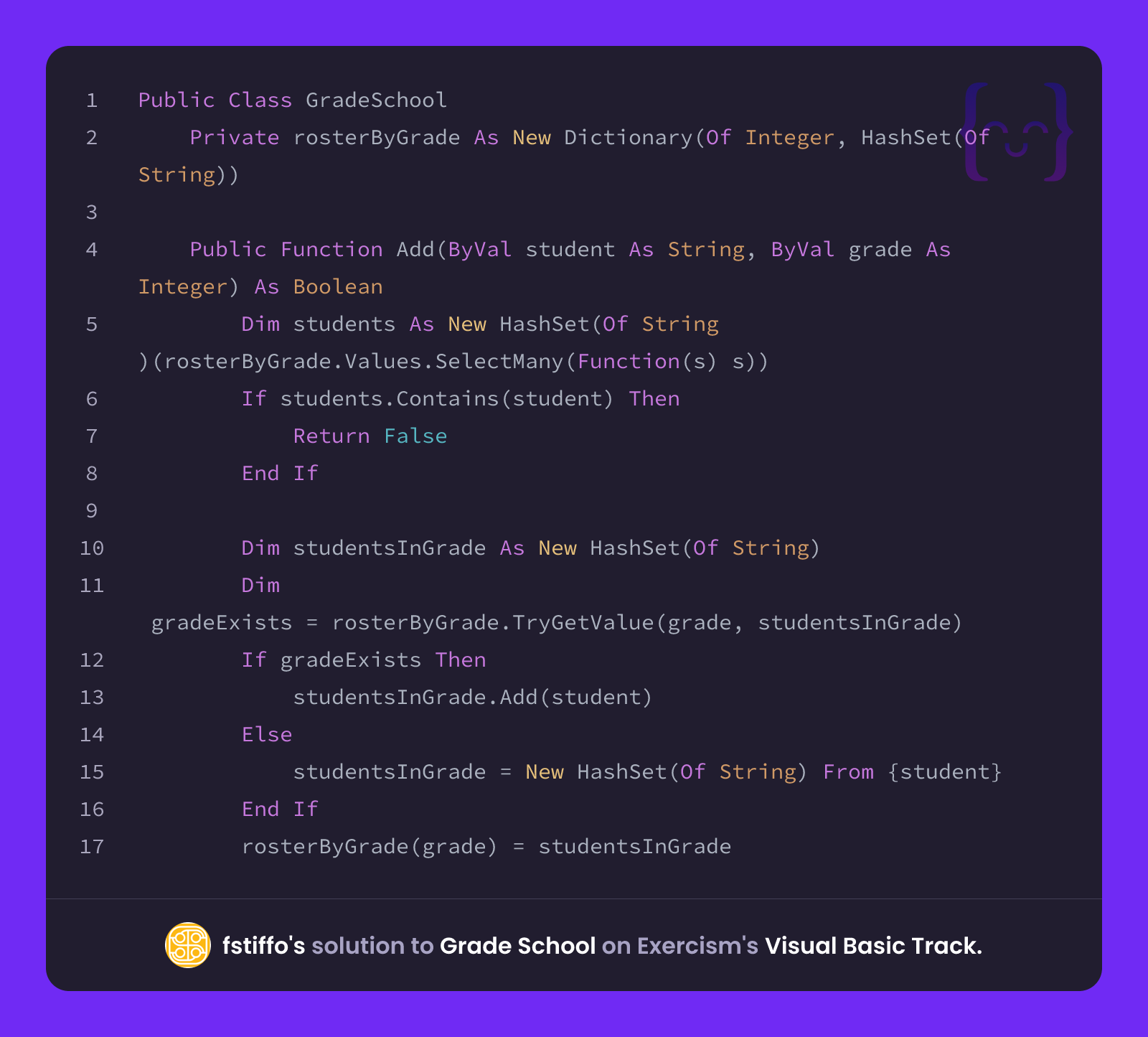 fstiffo's solution for Grade School in Visual Basic on Exercism
