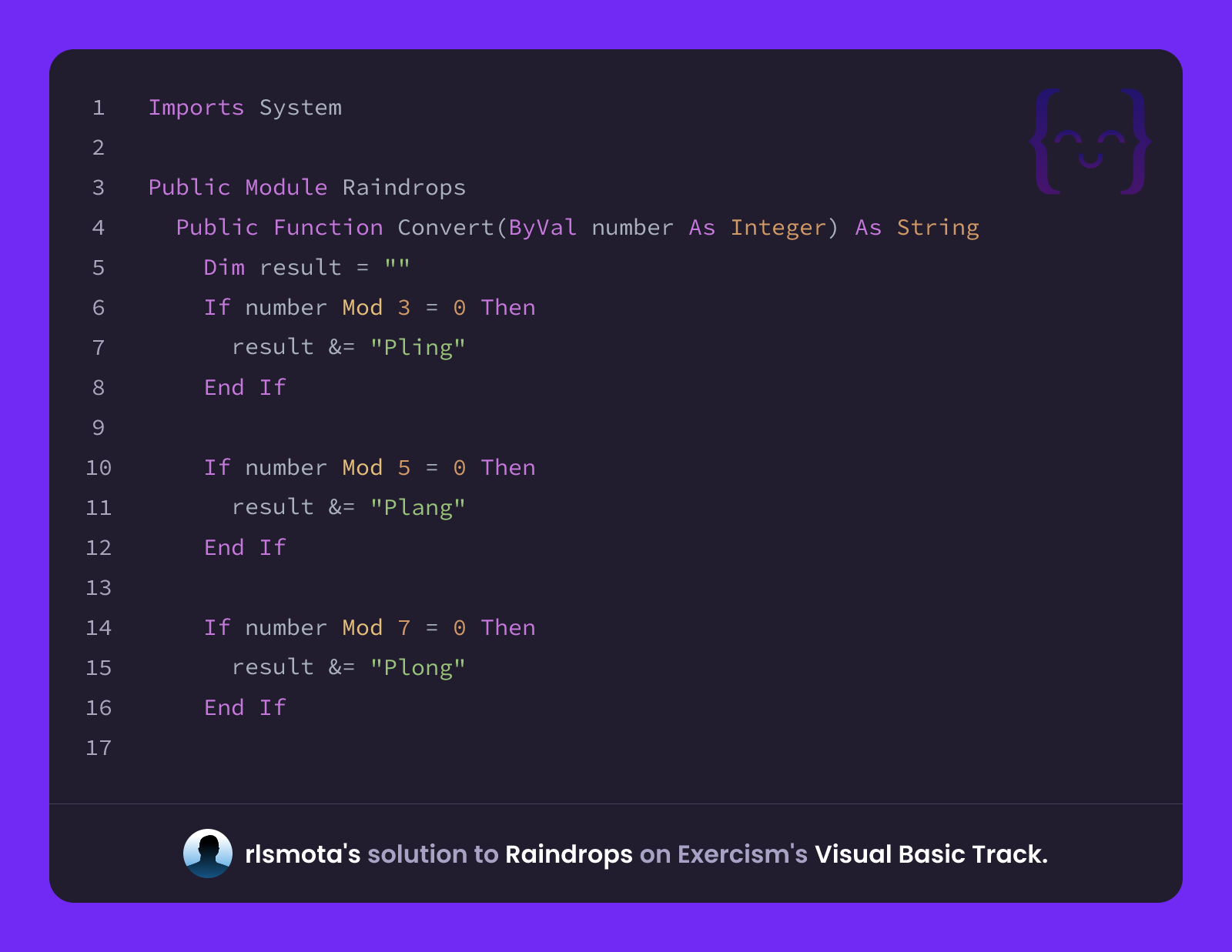 rlsmota's solution for Raindrops in Visual Basic on Exercism