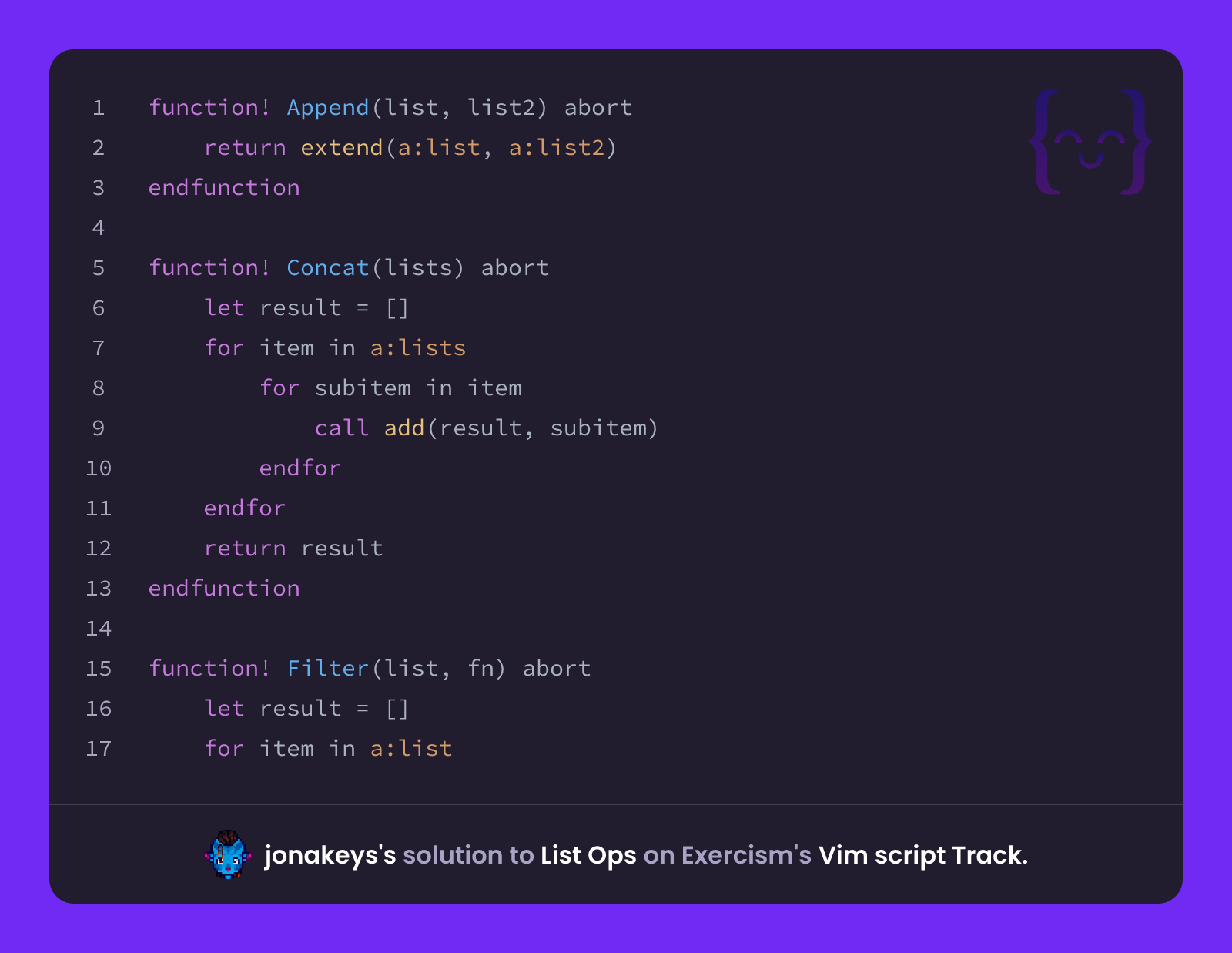 jonakeys's solution for List Ops in Vim script on Exercism