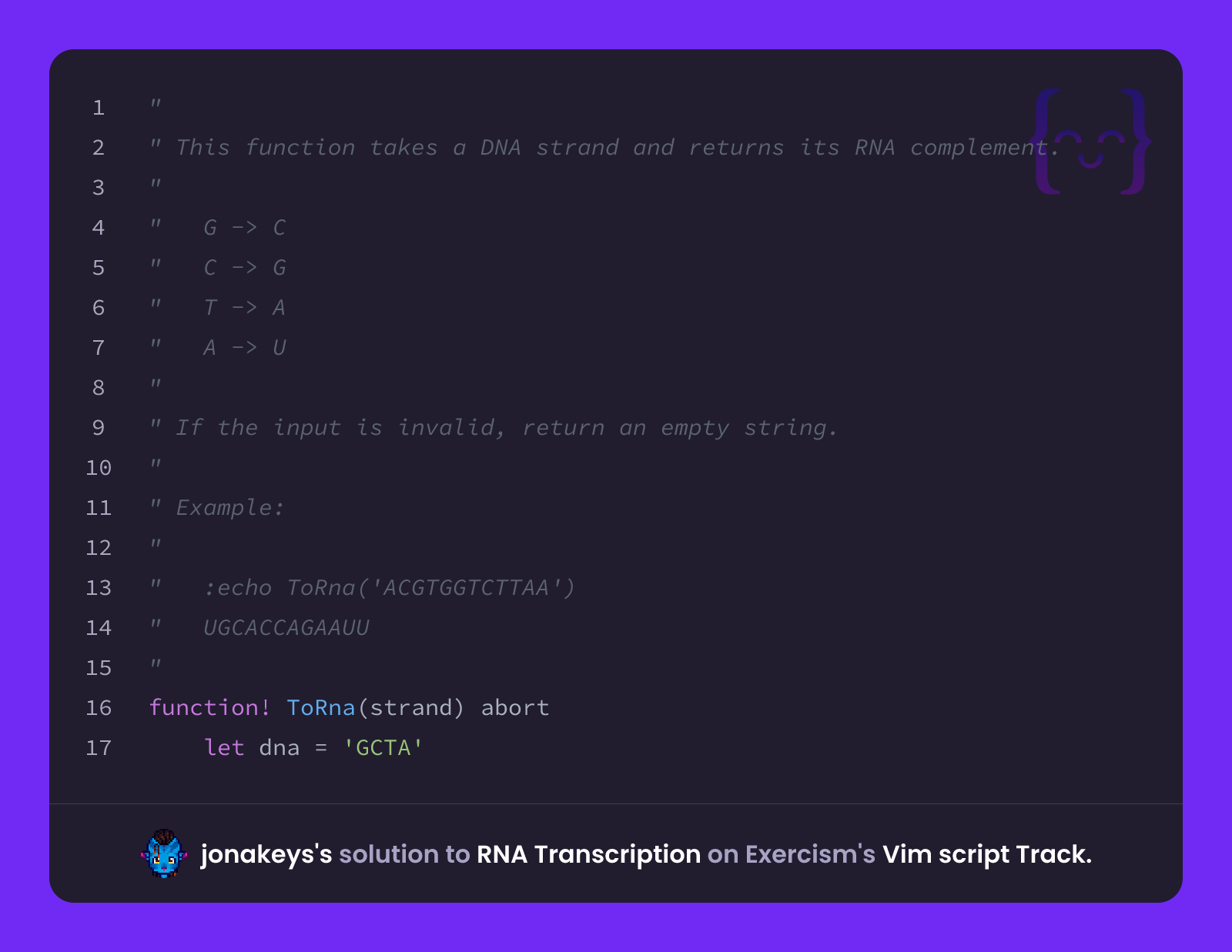 jonakeys's solution for RNA Transcription in Vim script on Exercism
