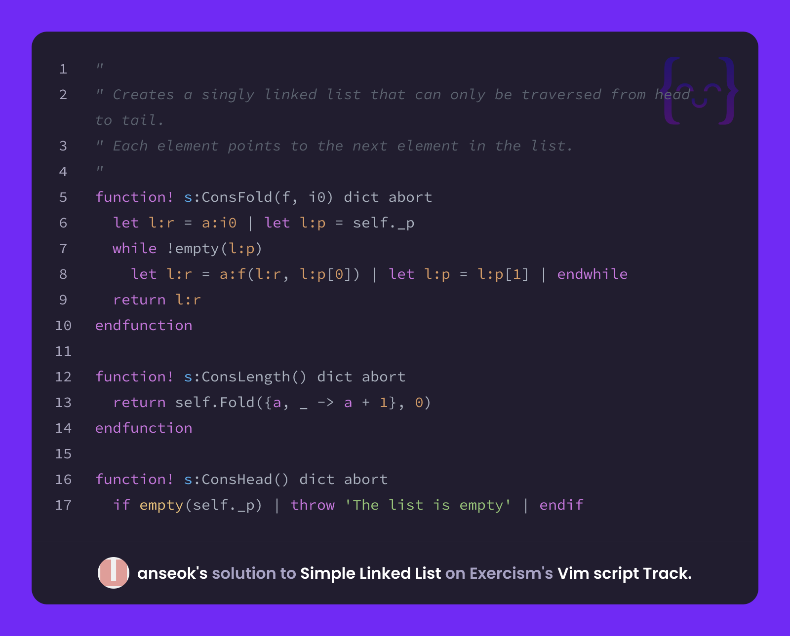 anseok's solution for Simple Linked List in Vim script on Exercism