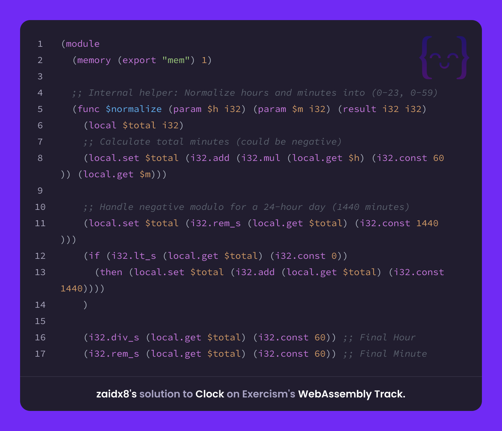 zaidx8's solution for Clock in WebAssembly on Exercism