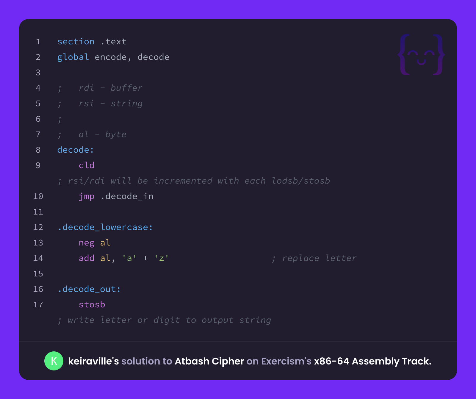 keiraville's solution for Atbash Cipher in x86-64 Assembly on Exercism