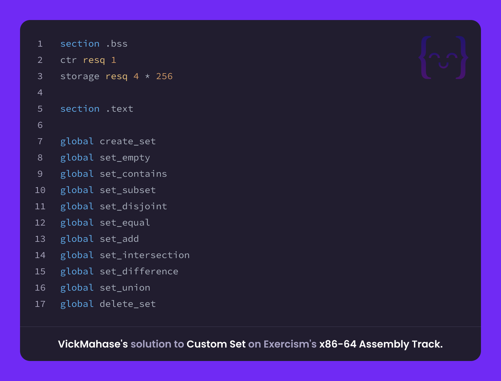 VickMahase's solution for Custom Set in x86-64 Assembly on Exercism