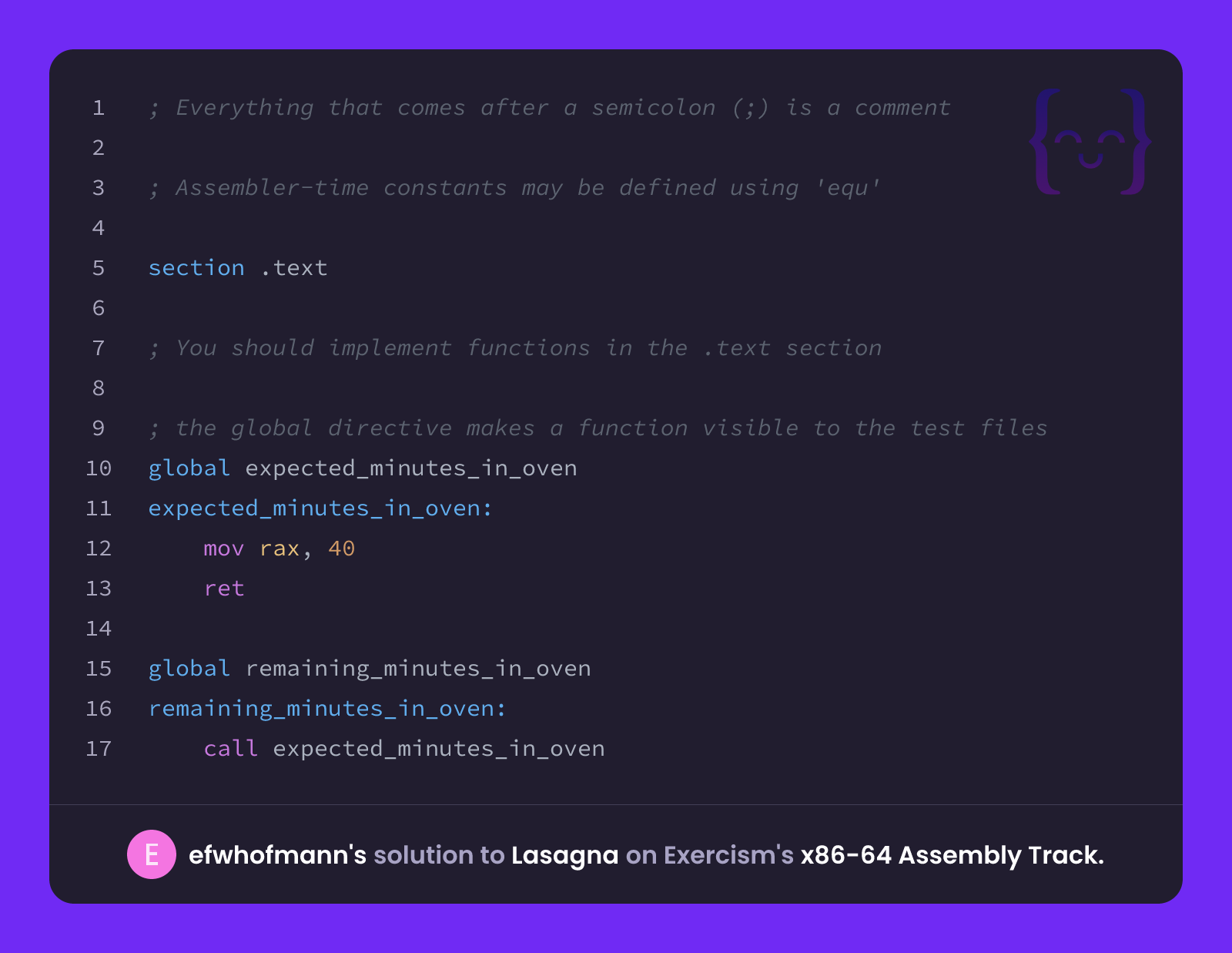 efwhofmann's solution for Lasagna in x86-64 Assembly on Exercism