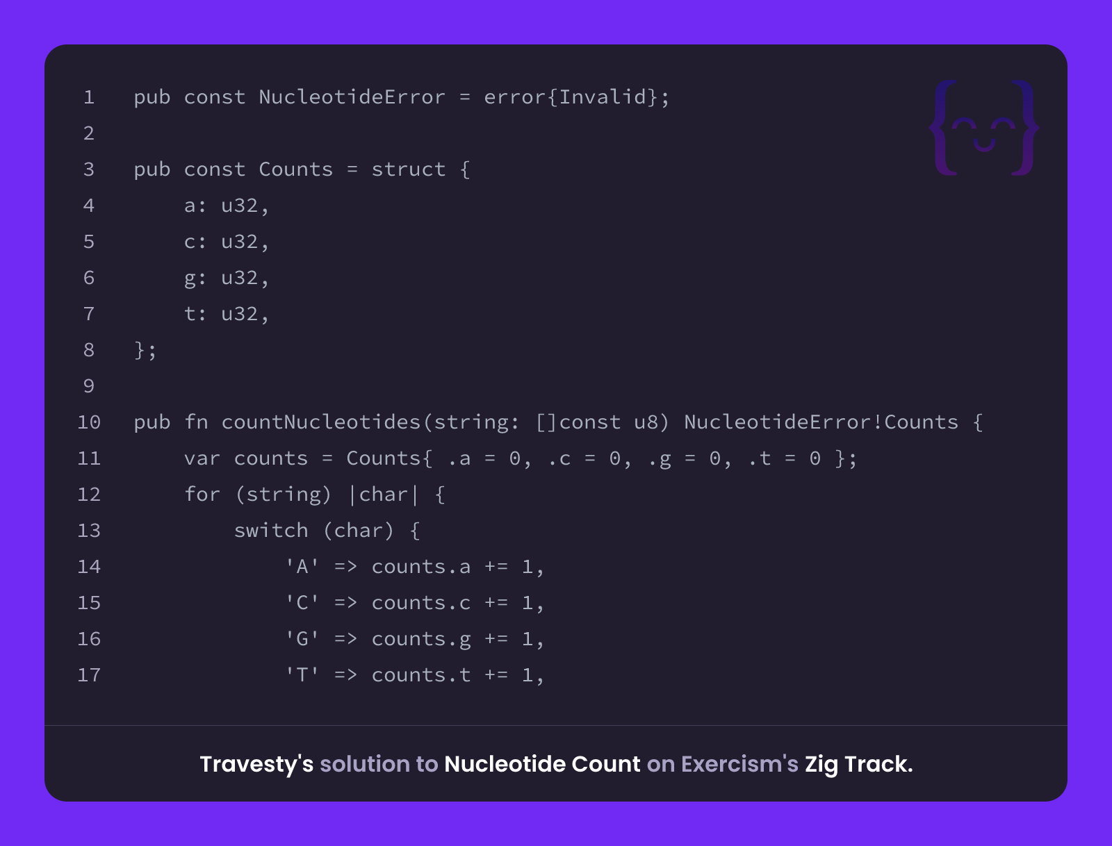 Travesty's solution for Nucleotide Count in Zig on Exercism